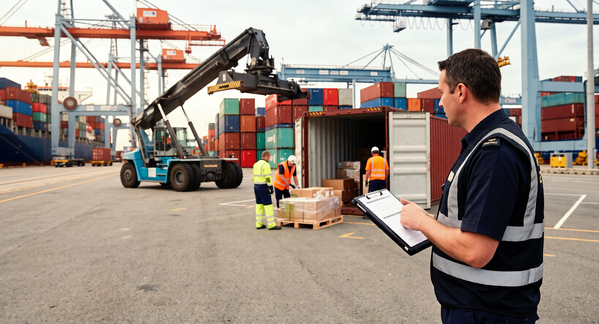 AEB Dammam Containers branded container lifted by a port gantry crane